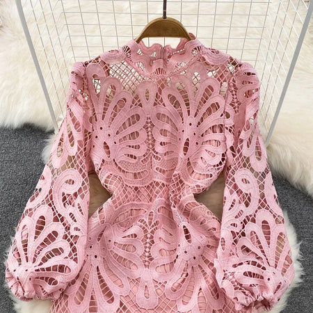 Glenda Lace Lined Bishop Sleeve Dress - styled flat-lay shot, pink - Miss Mosa By Akanksha