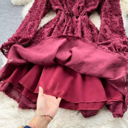 Gracy Luxury Dress - close-up of hemline detail, maroon - Miss Mosa By Akanksha