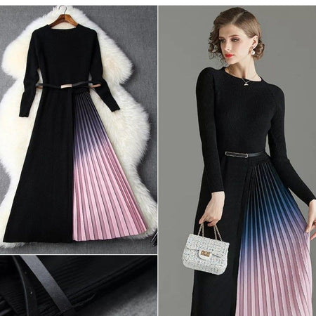 Gradient Pleated Dress in Black - front shot on model and hanger, black - Miss Mosa By Akanksha