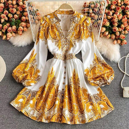 Gresse Floral Dress In Yellow - front shot on hanger, yellow - Miss Mosa By Akanksha