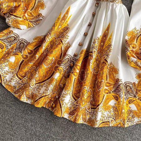 Gresse Floral Dress In Yellow - close-up of hemline, yellow - Miss Mosa By Akanksha