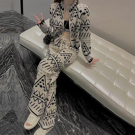 Hansel Aztec Pattern Trackset In Beige - lifestyle shot on model, cream - Miss Mosa By Akanksha