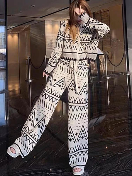 Hansel Aztec Pattern Trackset In Beige - full-length shot on model, cream - Miss Mosa By Akanksha