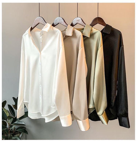 Hathor Luxury Satin Shirts - front shot on hanger, multicolour - Miss Mosa By Akanksha