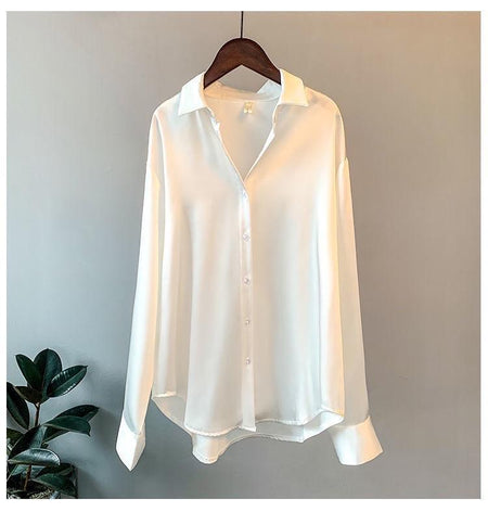 Hathor Luxury Satin Shirts - front shot on hanger, white - Miss Mosa By Akanksha