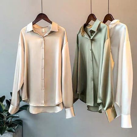 Hathor Luxury Satin Shirts - front shot on hanger, multicolour - Miss Mosa By Akanksha
