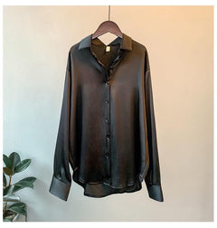 Hathor Luxury Satin Shirts - front shot on hanger, black - Miss Mosa By Akanksha