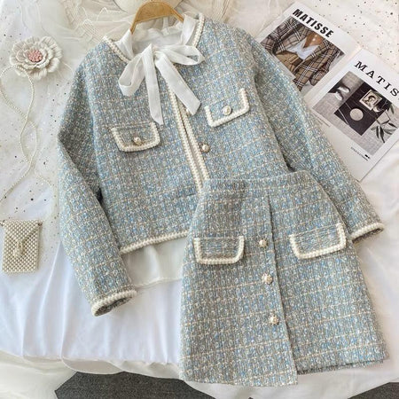 Hazel Statement Coord Set - Tweed In Ice Blue - styled flat-lay shot, light blue - Miss Mosa By Akanksha