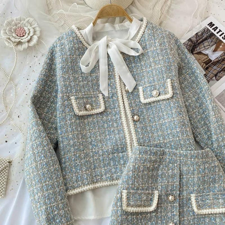 Hazel Statement Coord Set - Tweed In Ice Blue - close-up of jacket detail, light blue - Miss Mosa By Akanksha