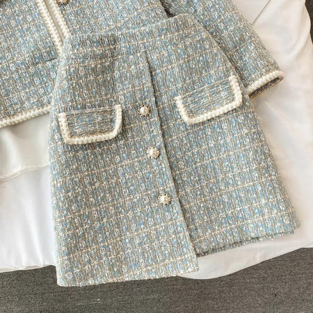 Hazel Statement Coord Set - Tweed In Ice Blue - close-up of skirt detail, light blue - Miss Mosa By Akanksha
