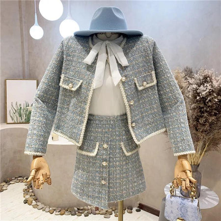 Hazel Statement Coord Set - Tweed In Ice Blue - front shot on mannequin, light blue - Miss Mosa By Akanksha
