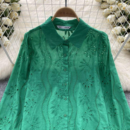 Hebby Cotton Eyelet Shirt - front shot on hanger, green - Miss Mosa By Akanksha