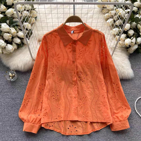 Hebby Cotton Eyelet Shirt - front shot on hanger, orange - Miss Mosa By Akanksha