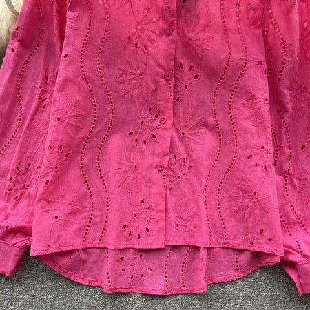 Hebby Cotton Eyelet Shirt - close-up of eyelet hem, pink - Miss Mosa By Akanksha