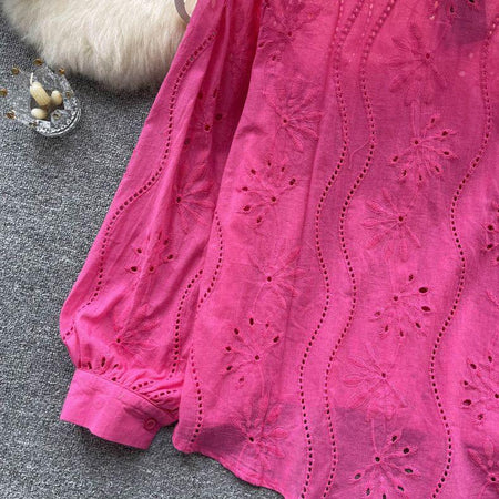 Hebby Cotton Eyelet Shirt - close-up of eyelet sleeve, pink - Miss Mosa By Akanksha