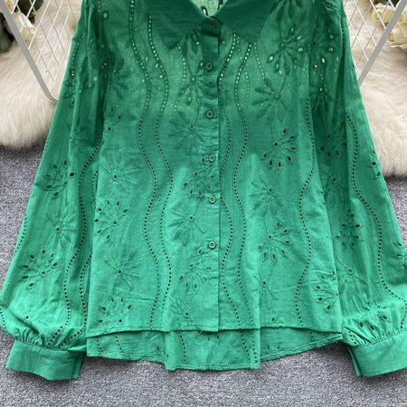 Hebby Cotton Eyelet Shirt - front shot on hanger, green - Miss Mosa By Akanksha