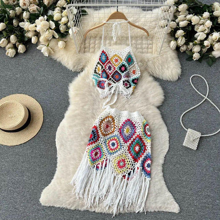 Heidi Crochet Resortwear Set - flat lay of full set, cream with multicoloured crochet - Miss Mosa By Akanksha