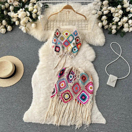 Heidi Crochet Resortwear Set - flat lay of full set, cream with multicoloured crochet - Miss Mosa By Akanksha