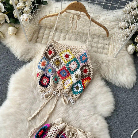 Heidi Crochet Resortwear Set - halter top close-up on hanger, cream with multicoloured crochet - Miss Mosa By Akanksha