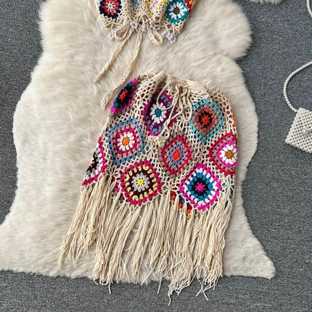 Heidi Crochet Resortwear Set - fringed skirt close-up flat lay, cream with multicoloured crochet - Miss Mosa By Akanksha