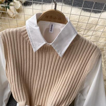 Henley Two Piece Knit Set - close-up of collar, beige - Miss Mosa By Akanksha