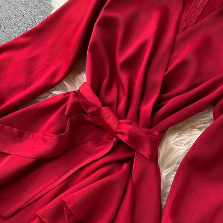 Hilda Silk Dress - close-up of waist tie, red - Miss Mosa By Akanksha