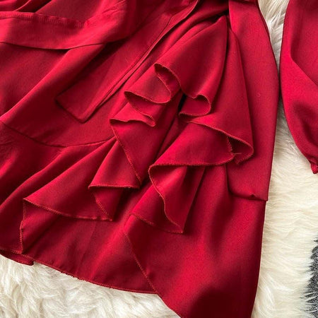 Hilda Silk Dress - close-up of ruffle hem, red - Miss Mosa By Akanksha