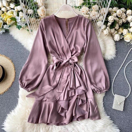 Hilda Silk Dress - front shot on hanger, mauve - Miss Mosa By Akanksha