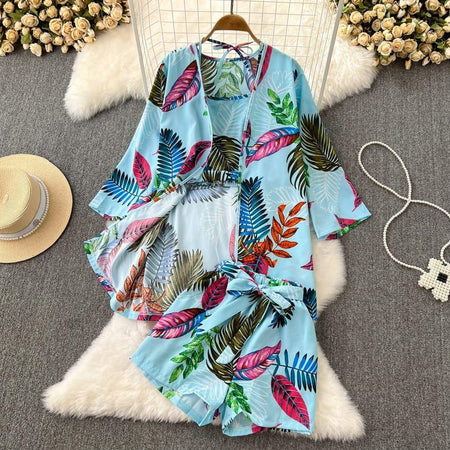 Hilly 3 Pc Floral Set - styled flat-lay shot, blue - Miss Mosa By Akanksha
