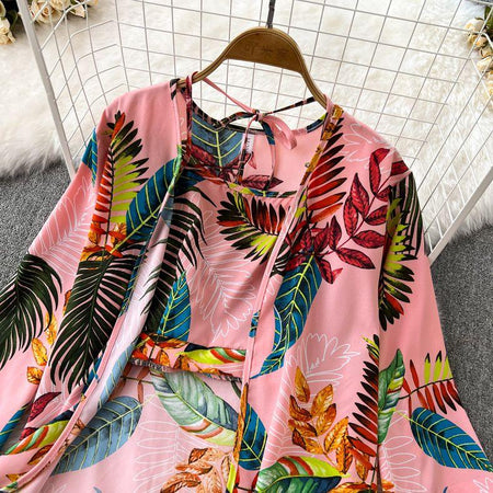 Hilly 3 Pc Floral Set - close-up of tropical print, pink - Miss Mosa By Akanksha