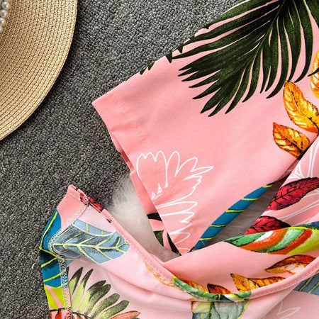 Hilly 3 Pc Floral Set - close-up of tropical print, pink - Miss Mosa By Akanksha