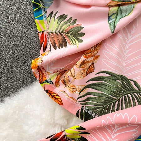 Hilly 3 Pc Floral Set - close-up of tropical print, pink - Miss Mosa By Akanksha