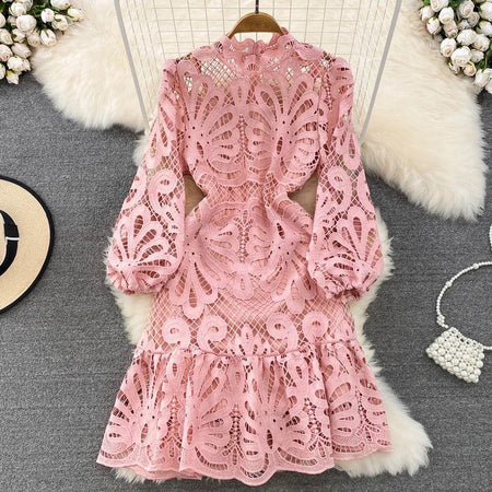 Peach - Glenda Lace Lined Bishop Sleeve Dress