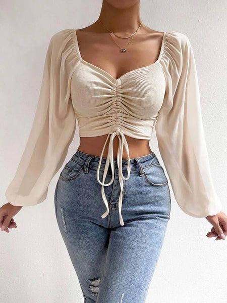 Beige - Jenny Drawstring Lantern Sleeve Crop Top
