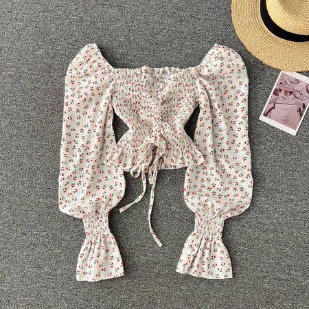 Beige - Philly Drawstring Lantern Sleeve Crop Top