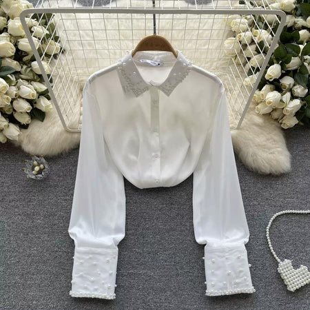 White - Celestia Pearl Satin Detailed Tops