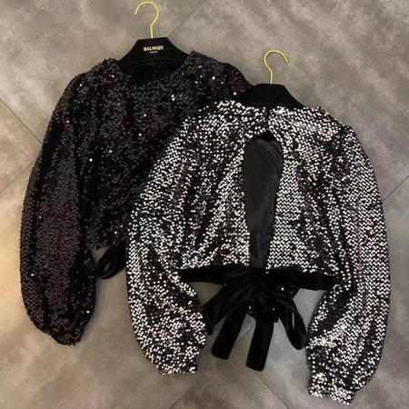 Ibiza Sequined Party Blouse - styled flat-lay shot, black - Miss Mosa By Akanksha
