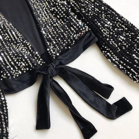 Ibiza Sequined Party Blouse - close-up of bow tie detail, black - Miss Mosa By Akanksha