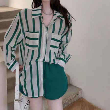 Ibiza Striped Holiday Shirts - front shot on model, green - Miss Mosa By Akanksha