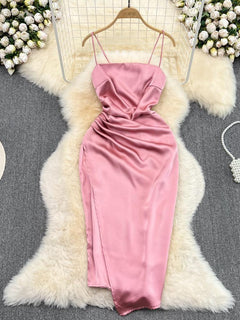 Irene Luxury Satin Dress - front shot on hanger, pink - Miss Mosa By Akanksha