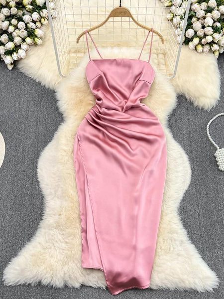 Irene Luxury Satin Dress - front shot on hanger, pink - Miss Mosa By Akanksha