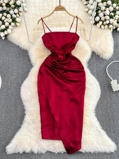 Irene Luxury Satin Dress - front shot on hanger, red - Miss Mosa By Akanksha