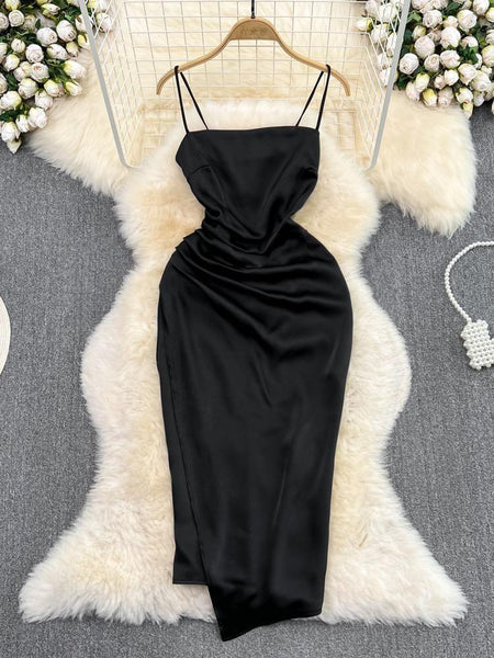 Irene Luxury Satin Dress - front shot on hanger, black - Miss Mosa By Akanksha