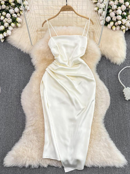 Irene Luxury Satin Dress - front shot on hanger, white - Miss Mosa By Akanksha