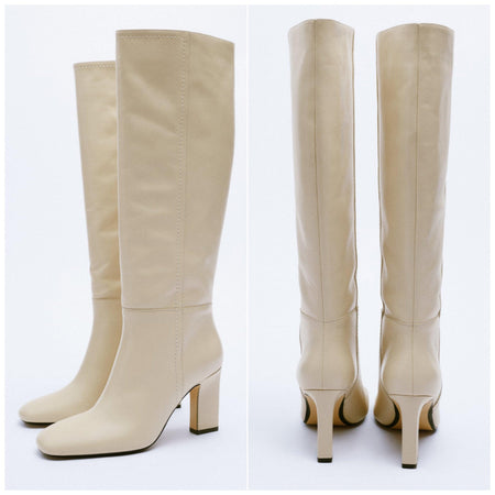 Isabelle Leather Boots - front shot on hanger, cream - Miss Mosa By Akanksha