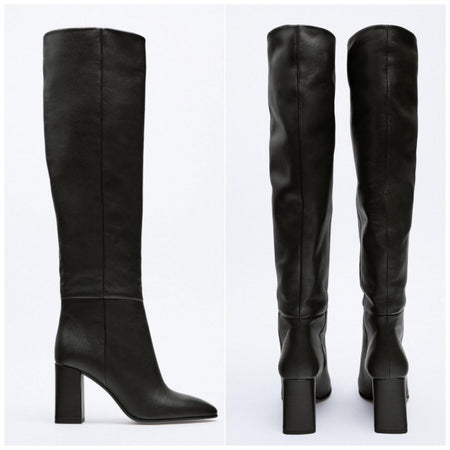 Isabelle Leather Boots - side shot on hanger, black - Miss Mosa By Akanksha