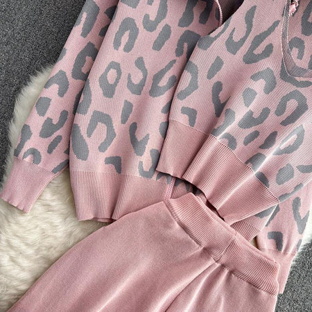 Isla 3 Pc Tracksets - close-up of leopard knit, pink - Miss Mosa By Akanksha