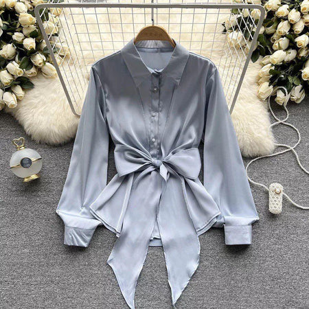 Jade Silk Blouse - styled flat-lay shot, grey - Miss Mosa By Akanksha