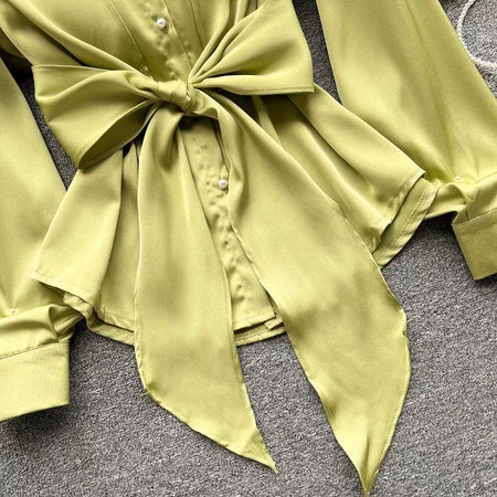 Jade Silk Blouse - close-up of bow tie, green - Miss Mosa By Akanksha