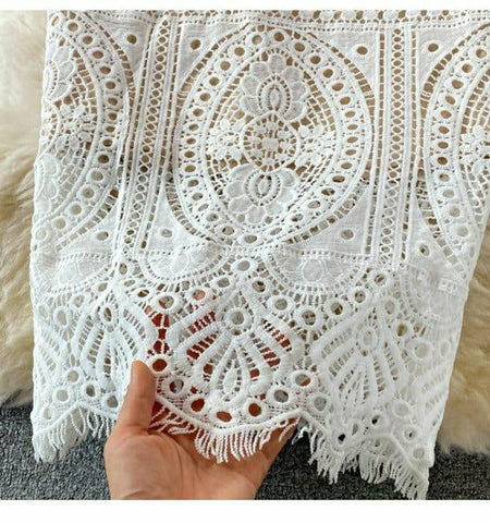 Jane Eyelet Dress In White - close-up of lace hem, white - Miss Mosa By Akanksha